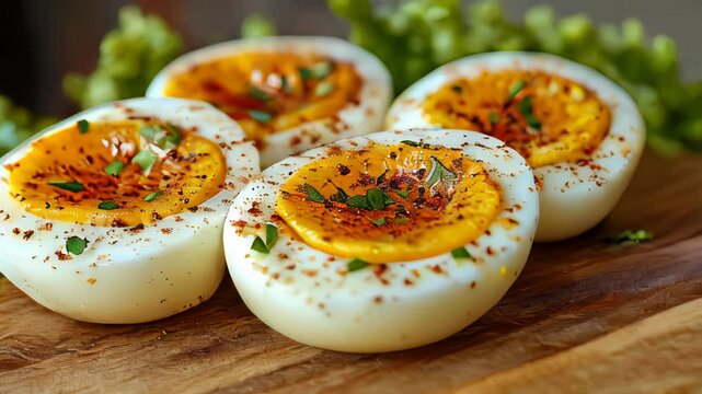 Close-up of four seasoned boiled egg halves with vibrant yellow yolks, garnished with herbs and spices