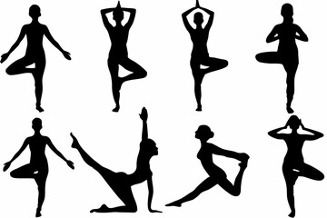 Fototapeta premium A set of isolated black vector silhouettes of various Yoga Poses Woman designs on a white background 