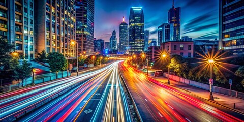Fototapeta premium Long Exposure City Lights Streak Night Photography, Urban Scene, Glowing Cityscape