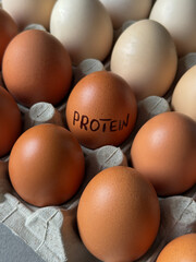 White and brown eggs in paper carton with a word protein written on one close up