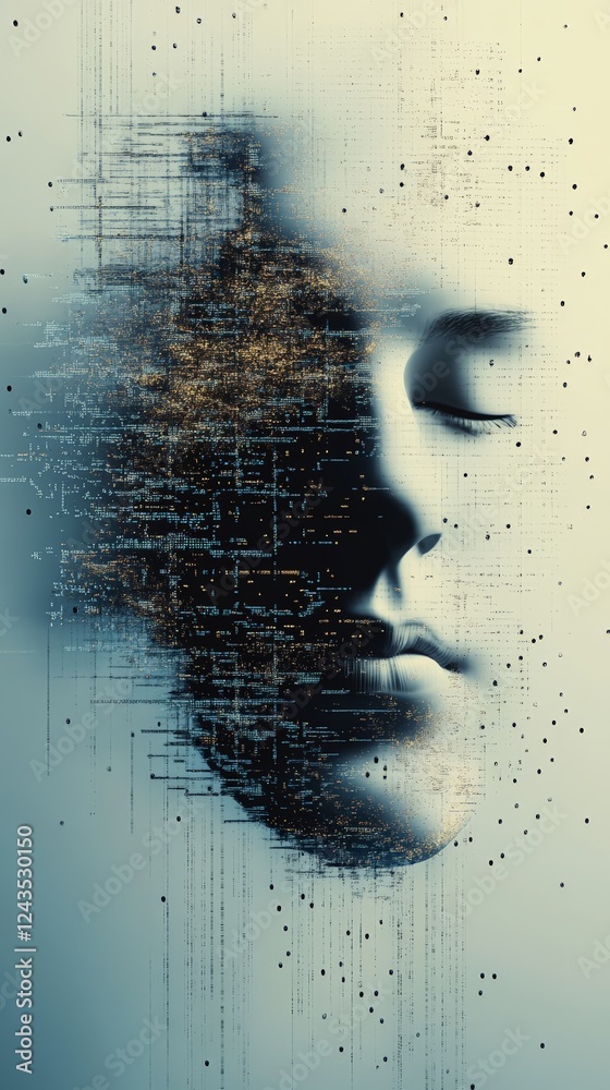 Poster abstract representation of a human face dissolving into digital particles, symbolizing information o