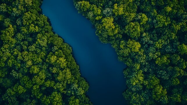 Breathtaking aerial top down view showcasing the serene beauty of a riverbank landscape with lush greenery tranquil waters and a picturesque countryside setting