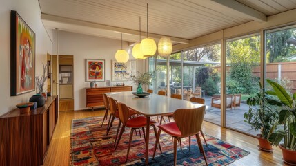 Fototapeta premium Mid-century modern dining room with large windows, hardwood floors, and colorful rug.