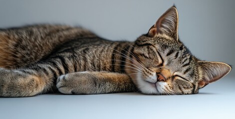 Cozy Tabby Cat Relaxing on a Soft Surface with Closed Eyes, Peaceful Expression, and Beautiful Resilient Fur in Soft Natural Light