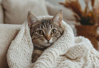 Cozy Tabby Cat Wrapped in Soft Knit Blanket Relaxing Indoor on a Comfortable Couch with Natural Light and Warm Home Atmosphere