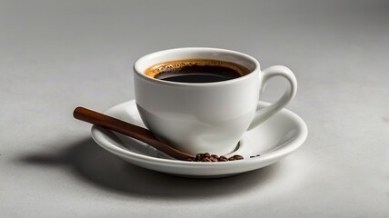 Fototapeta premium Dark Espresso in White Cup on Saucer with Cinnamon Stick