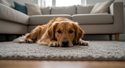 Golden Retriever lying on a cozy living room rug, resting its head on its paws with a relaxed expression
