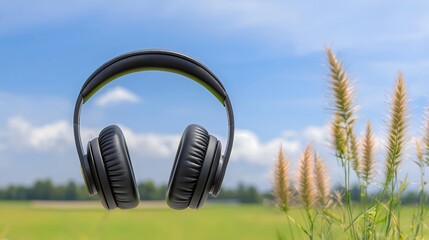 Naklejka premium Black Headphones in Sunny Field