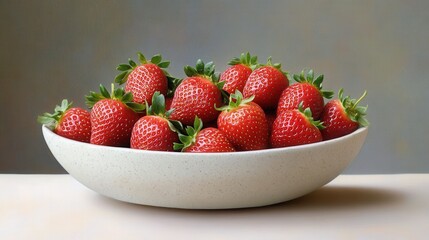 A decorative bowl filled with glossy, ripe strawberries, their green tops adding contrast, arranged in a neat, inviting pile