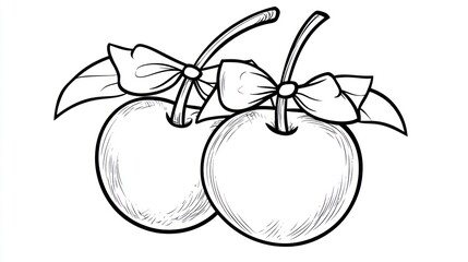 Two Cherries with Bows, Line Art, White Background, Coloring Page