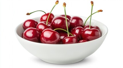 A deep ceramic bowl filled with shiny, deep red cherries, their long stems adding elegance, placed on a clean white surface