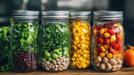 Colorful Jarred Vegetables and Legumes for Healthy Meal Preparation