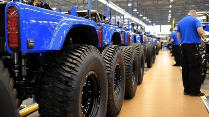 Blue Off Road Vehicles On Production Line In Manufacturing Facility