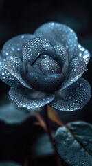 Close-up of a blue rose covered in dew drops, showcasing intricate petals against a dark background