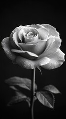 Black and white close-up of a dew-covered rose with soft petals against a dark background
