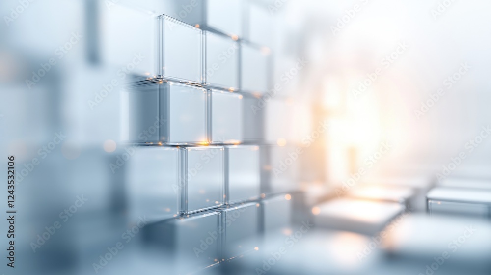 Poster a close-up view of reflective cubes arranged in a grid, illuminated by soft light, creating a modern