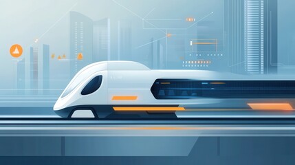 Naklejka premium A flat design of a futuristic AI powered transportation system with geometric vehicles and glowing routes.