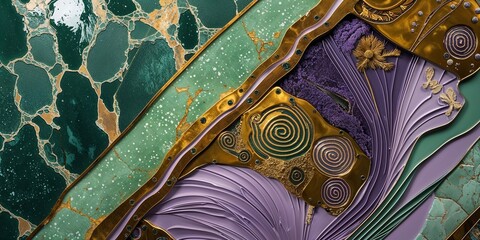 Abstract Klimt Inspired Art with Gold Purple and Green Textures and Ornamentation