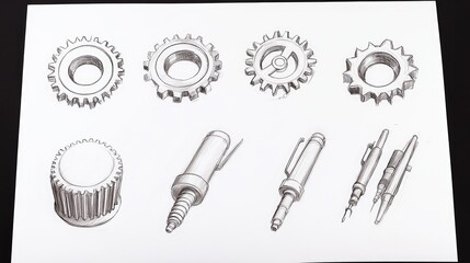 Detailed illustration of various mechanical gears and tools on a white background, showcasing precision