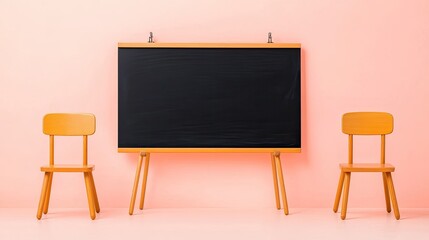 Minimalist classroom setting with a chalkboard and wooden chairs against a pink wall