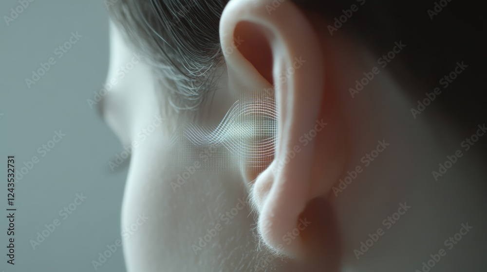 Poster Digital sound waves are visualized entering a human ear, representing the process of hearing and auditory perception, highlighting the intricate mechanisms of sound detection and interpretation
