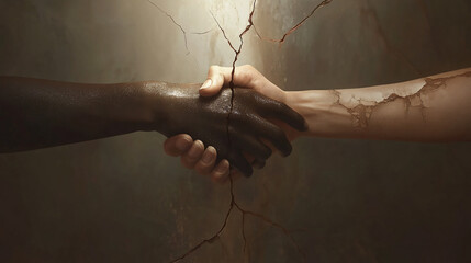 Healing and Racial Unity Hands of Different Skin Tones in a Tight Handshake with Disappearing Cracks