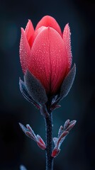 Close-up of a vibrant red flower bud covered in dew against a dark background