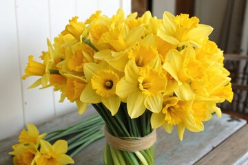 vibrant yellow daffodils in a loose bunch, soft focus, bright colors, delicate edges, paper background