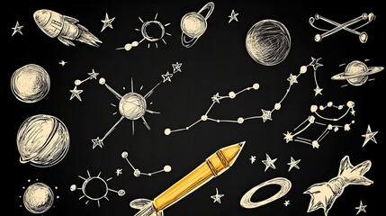 Hand-drawn illustration of planets, stars, and a rocket on a black background, showcasing cosmic elements