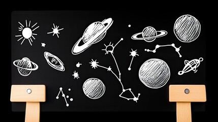 Artistic depiction of planets and constellations on a blackboard with wooden easels
