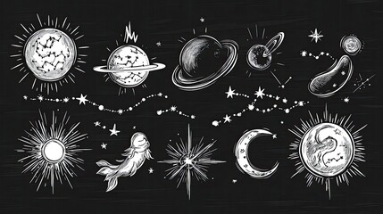 Celestial Illustrations Featuring Planets, Stars, and Cosmic Elements on a Dark Background