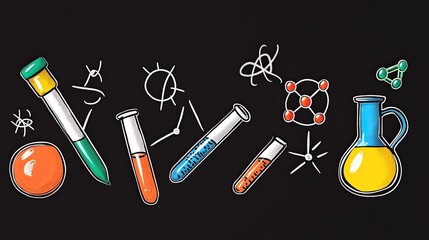 Colorful illustrations of laboratory equipment and scientific symbols on a black background