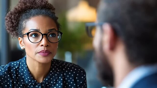 Attentive businesswoman in glasses listening intently during a meeting.