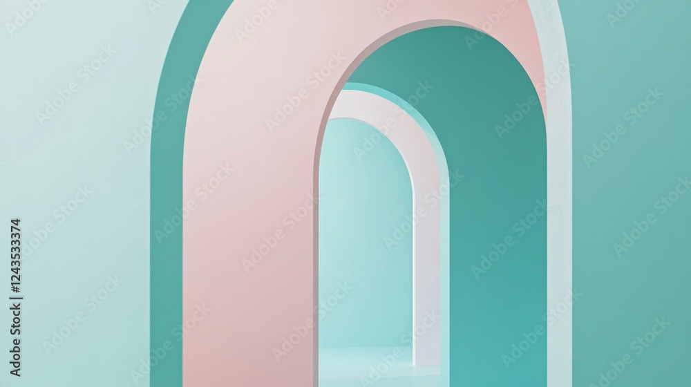 Aufkleber minimalist design featuring muted teal and pink arcs creates a serene atmosphere in an abstract arch