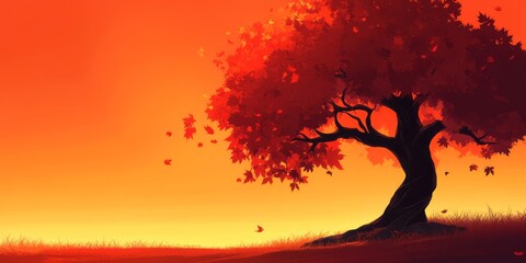 Autumn Tree Silhouette Against a Sunset Sky