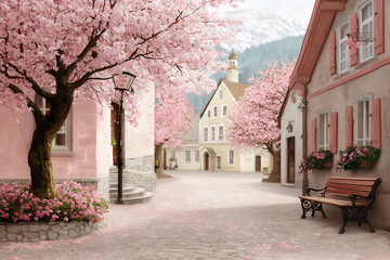Fototapeta premium P A vintage scene of a quaint town square wit