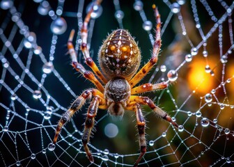 Low Light Garden Spider Araneus Diadematus Web Detail Macro Photography