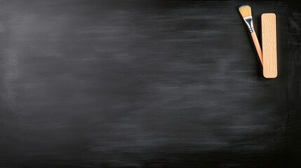 Blank chalkboard with a paintbrush and palette knife, ideal for creative art presentations