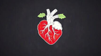 Illustrated heart anatomy with leafy elements against a dark background, symbolizing health