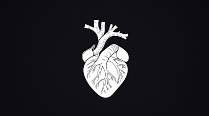 Anatomical illustration of a human heart on a dark background, showcasing detailed vascular structure