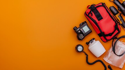 Camping and Hiking Equipment Flat Lay on Orange Background
