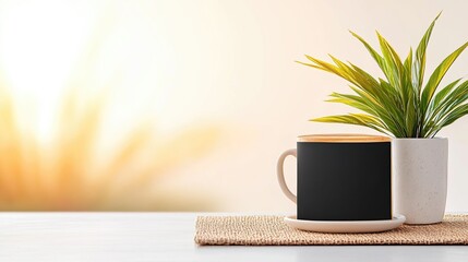 Minimalistic coffee cup and potted plant on a table with warm sunlight in the background