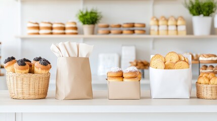 Assorted pastries and baked goods displayed attractively in a bright bakery setting