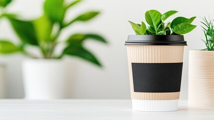 Eco-friendly coffee cup with plants inside, set against a minimalist background with greenery