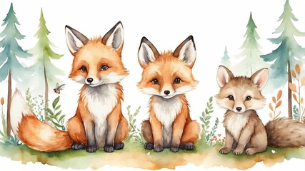 Fototapeta premium Three playful foxes sit together in a woodland setting surrounded by vibrant plants and trees
