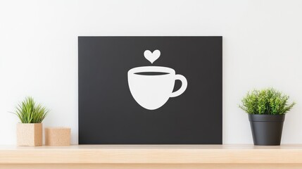 Minimalist coffee cup illustration on a black background with decorative plants on a wooden shelf