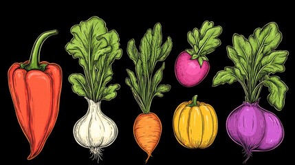 Colorful illustration of various vegetables including peppers, onions, and radishes on a dark background