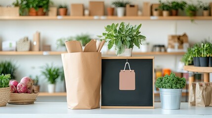 Fresh produce and potted plants displayed on a bright counter in a cozy market setting