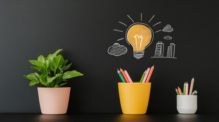 Creative workspace featuring potted plants and colorful pencils against a chalkboard background