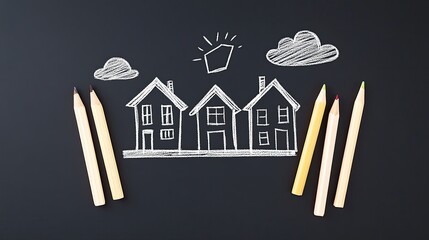 Colorful pencils and chalk-drawn houses on a blackboard with clouds and sun illustration